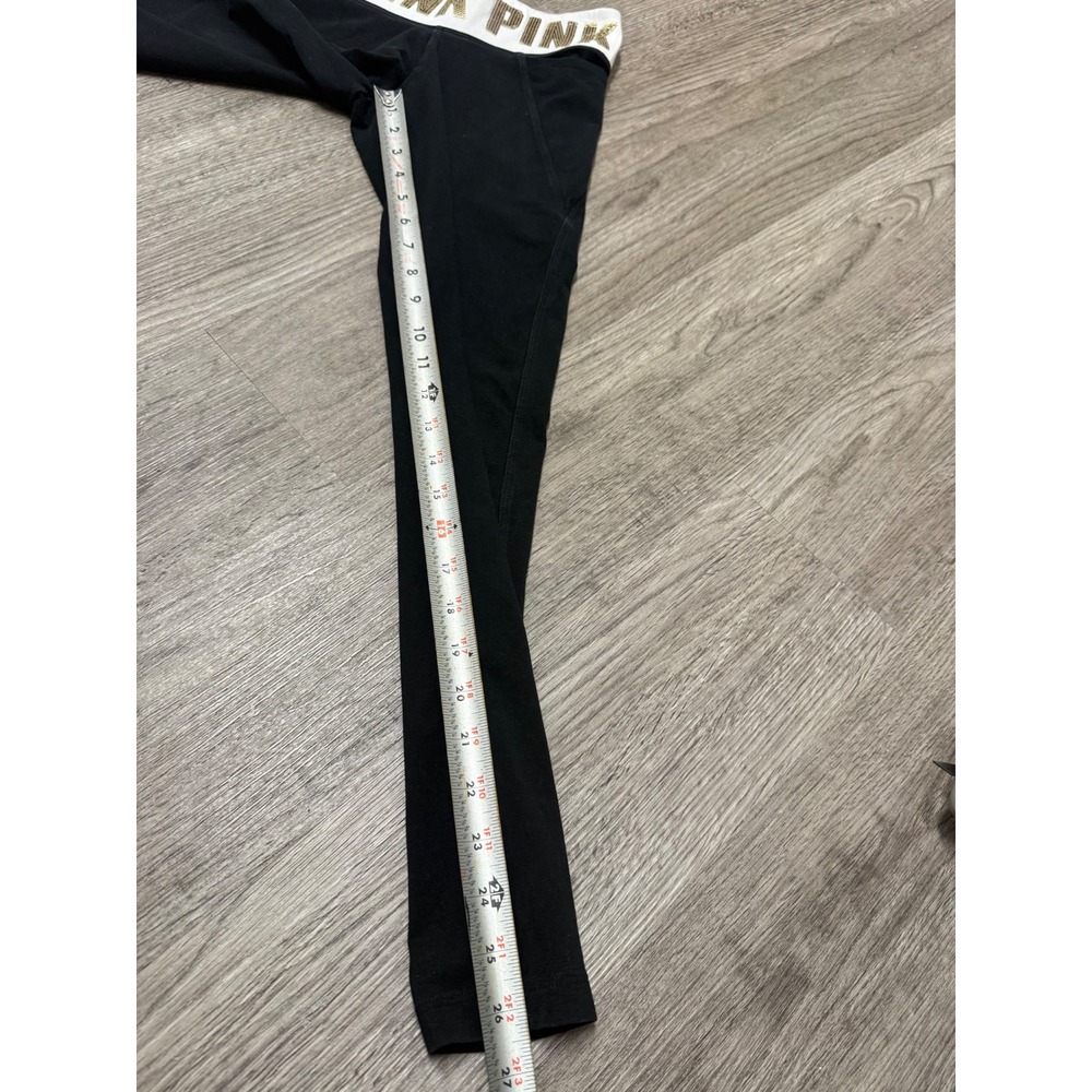 Pink‎ Victoria's Secret Yoga Leggings Black Gold Sequin Logo Waist Small - Picture 6 of 8